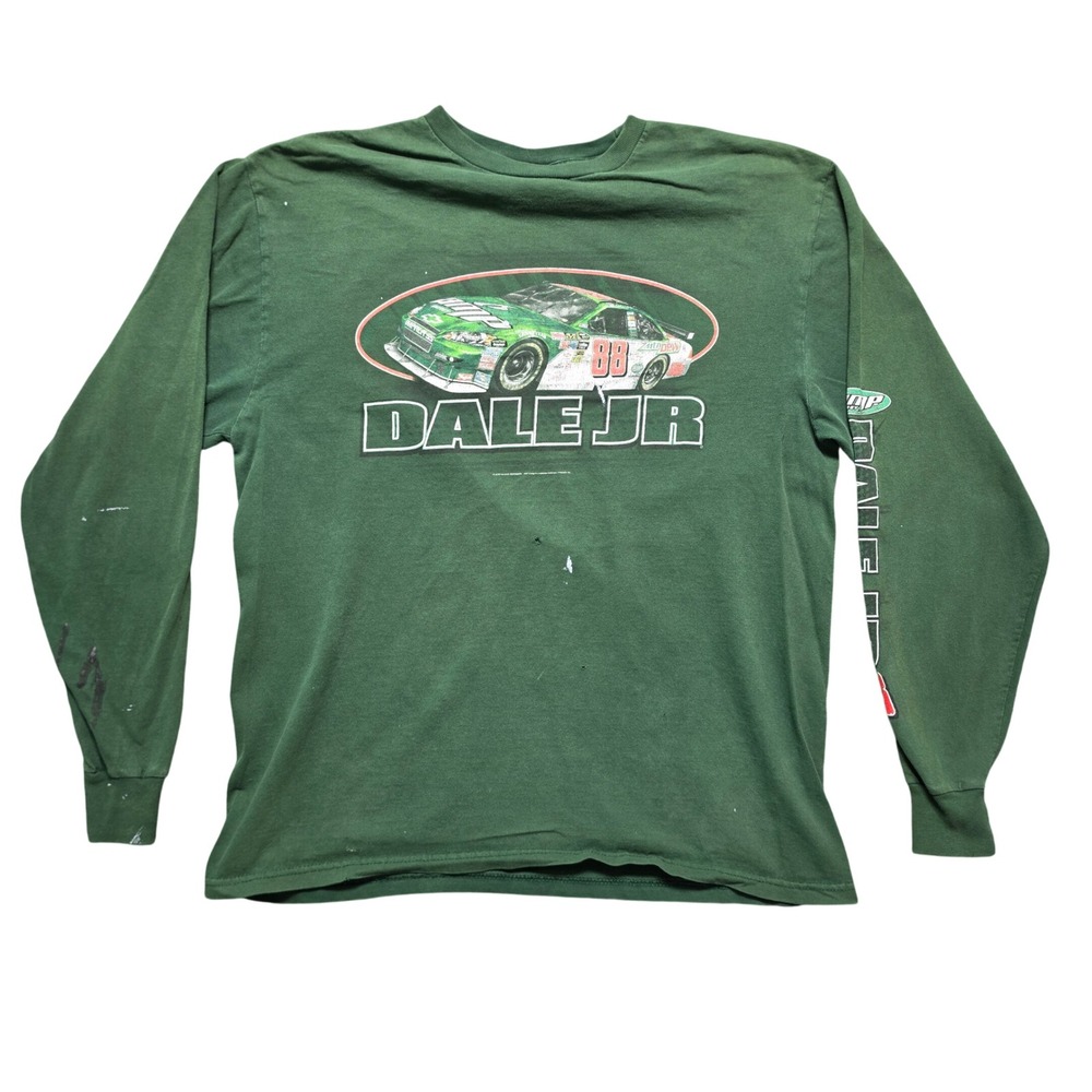 Vintage Distressed Y2K Style Long Sleeve Mens Large Green Dale Jr 88 NASCAR
